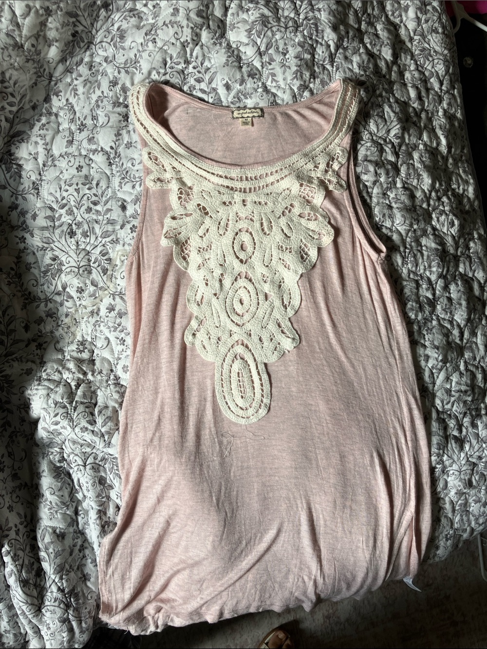 Eyeshadow Light Pink Tank Top with Cream Crochet Yoke
